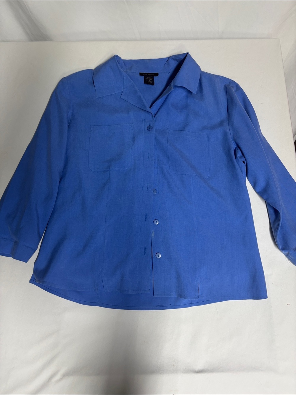 Anne Carson 100% Silk Blouse M Blue Button Front 3/4 Sleeve Shirt